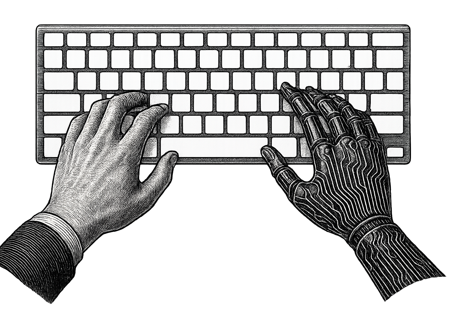 Human and robot hands typing together